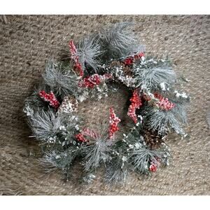 26" Snow Flocked Pine Wreath /Pine Cones Red Berries Christmas Holiday Winter